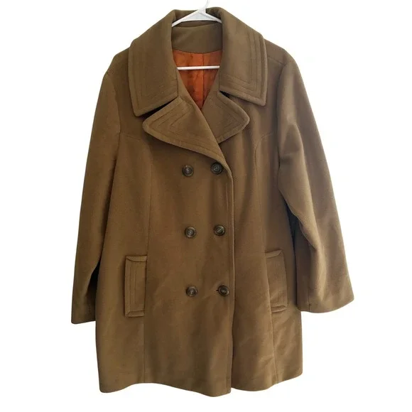 Vintage Montgomery Ward Camel Wool Pea Coat Double Breasted Orange Lining ILGWU - Picture 1 of 16